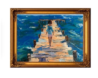 Coastal Pier Oil Painting, Woman Walking to the Ocean, Original Impasto Seascape, Beach Landscape Wall Art