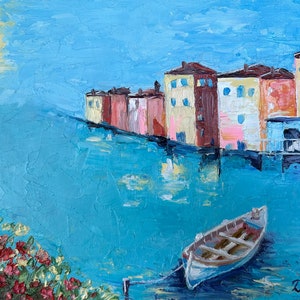 Painting Italy Oil Original  Seascape Sea shore  Wall Art Italian Houses Travel Artwork Small art Impasto coast Painting 12x8