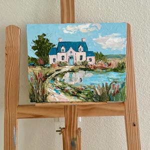 Original Oil Painting Cottage by Lake, American Country House Art, Textured Landscape Painting, Impasto Home Decor, Palette Knife Artwork image 3