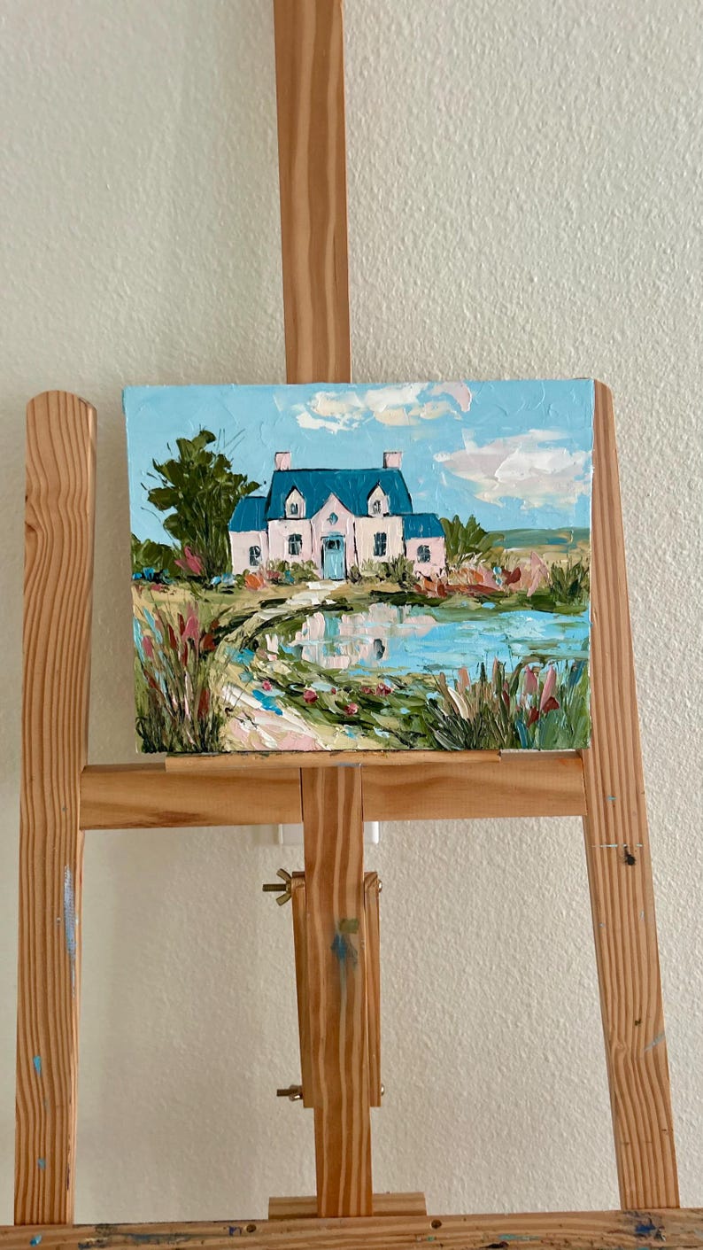 Original Oil Painting Cottage by Lake, American Country House Art, Textured Landscape Painting, Impasto Home Decor, Palette Knife Artwork image 3