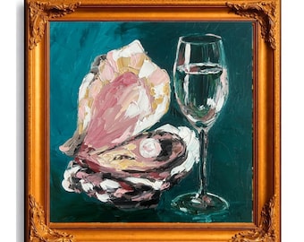 Oyster Shell Painting Original Oil, Oyster Still Life, Seafood Art, Impasto Kitchen Decor