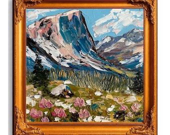 Pintura al óleo de paisaje de montaña, prado de flores silvestres, obra de arte original sobre lienzo, decoración de pared inspirada en la naturaleza, arte con espátula