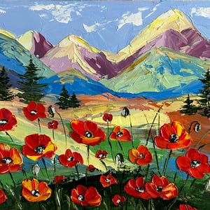 Painting Poppy Original oil art Floral painting Small flowers wall art Floral gift Poppies gift Flowers landscape