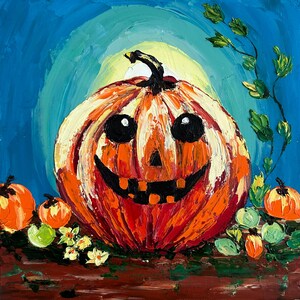 Pintura de calabaza, arte original, pintura al óleo, decoración de otoño, Halloween, divertida calabaza, arte de pared de cocina, regalo de otoño, 8 x 8 pulgadas
