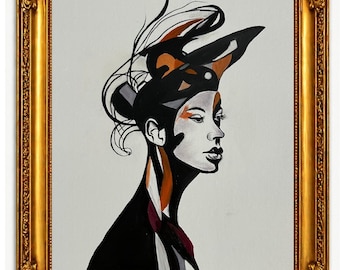Modern Minimalist Woman Portrait Painting Original Fashion Wall Art Black White Modern Art Canvas Contemporary Female Artwork