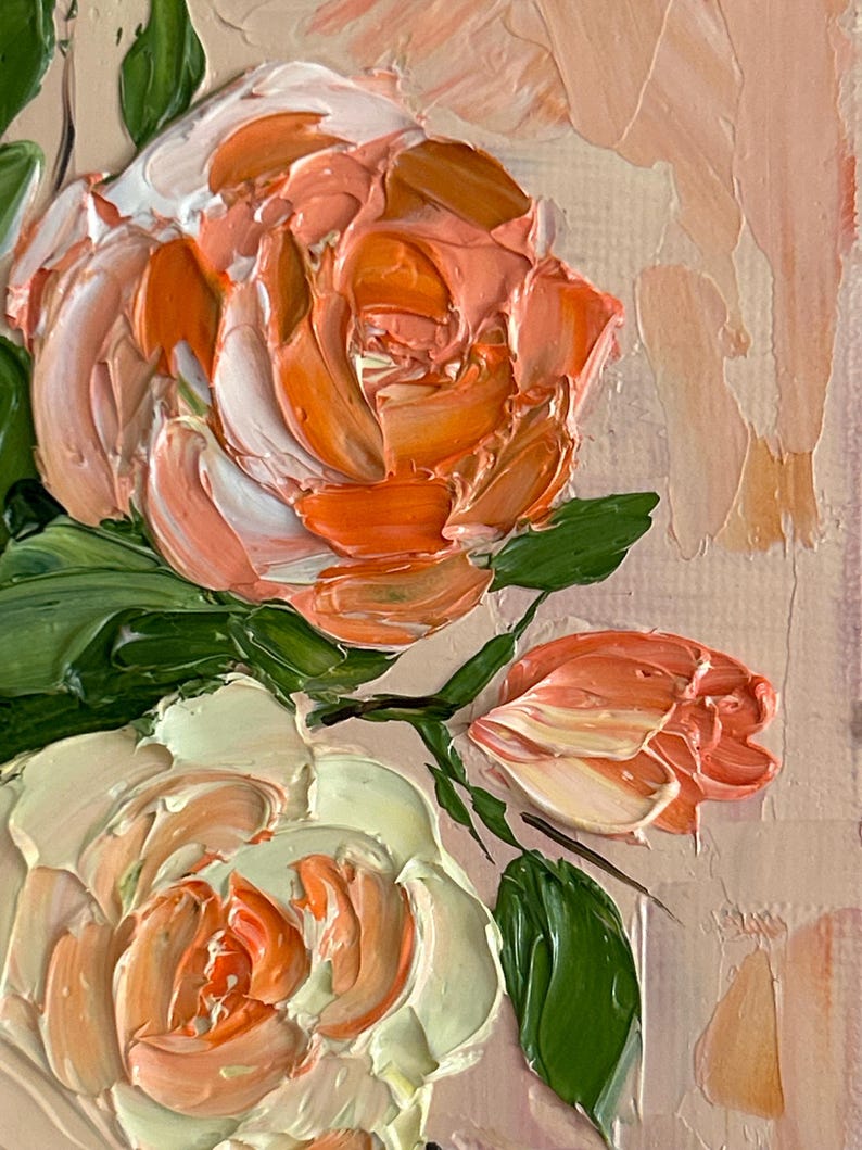 Small Pink Roses Oil Painting: Impasto Floral Art Palette Knife - Etsy