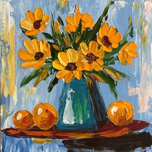Ramo de flores de caléndula soleada en un jarrón turquesa, pintura al óleo original, obra de arte texturizada con espátula, 8x8