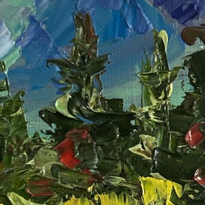 May include: Impasto oil painting of a mountain landscape. The artwork features a vibrant palette of blues, greens, yellows, and reds. The textured brushstrokes create a sense of depth and movement, depicting trees and mountains.