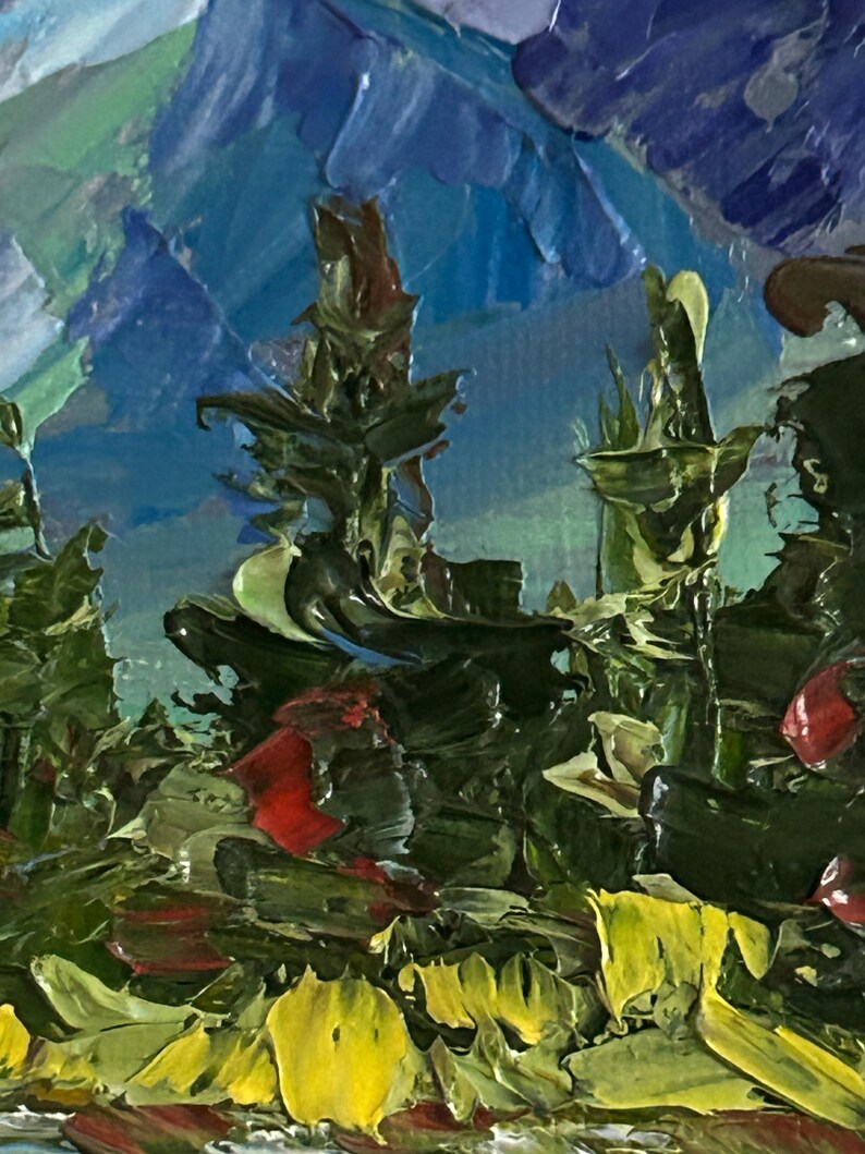 May include: Impasto oil painting of a mountain landscape. The artwork features a vibrant palette of blues, greens, yellows, and reds. The textured brushstrokes create a sense of depth and movement, depicting trees and mountains.