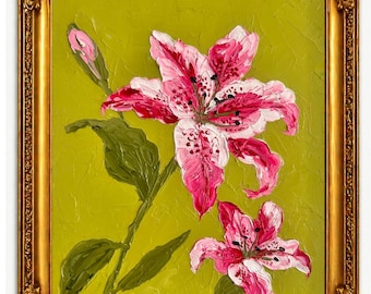 Vintage Style Stargazer Lily Original Oil Painting, Pink Floral Impasto Art