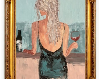 Bar Painting Woman With Wine Glass Oil Original Impasto Figurative Art, Home Bar Decor