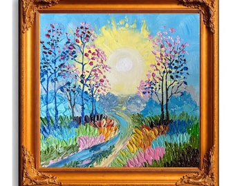 Zonsopgang pad olieverfschilderij origineel Impasto landschap kleurrijke natuur kunst Paletmes