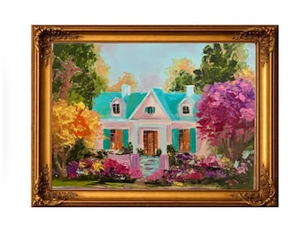 American House Sunset Oil Painting, Blooming Garden Landscape, Textured Impasto Art, Palette Knife Artwork , Original Home Decor