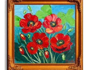 Impasto Poppy Oil Painting: Textured Floral Canvas Art (6x6 inches)
