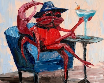 May include: An oil painting featuring a bright red scorpion wearing a dark blue hat, sitting in a blue armchair. The scorpion holds a light blue cocktail glass with an orange garnish, resting its arm on a small, dark, round pedestal table.