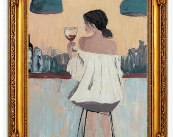 Bar Wall Decor Oil Painting, Home Bar Decor, Original Impasto Woman at Bar Art