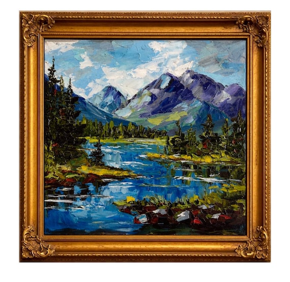 Oil Painting of Idaho Mountain Lake Landscape Textured Art Handmade impasto Abstract