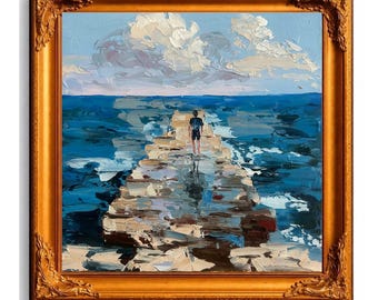 Ocean Pier Painting, Coastal Seascape with Figure, Palette Knife Oil Painting, Original Textured Beach Artwork