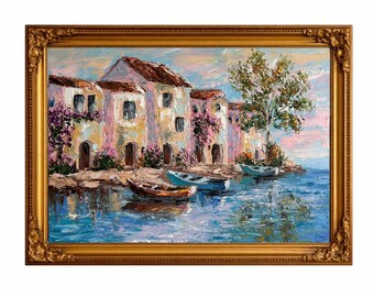 Mediterranean Seaside Oil Painting, Coastal Village Wall Art, Original Impressionist Artwork, Ocean Landscape Canvas