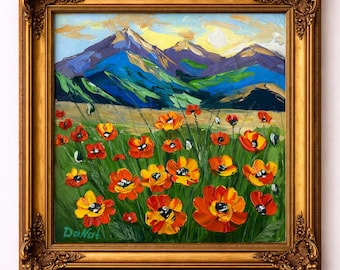 Windflower Poppy  oil painting original landscape textured wall art mountain field small canvas