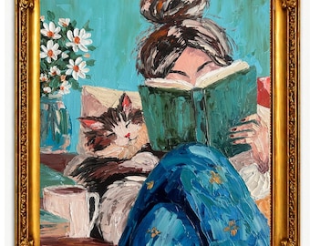 Woman Reading With sleeping Cat Oil Painting, Original Impasto Art, Book Lover Decor