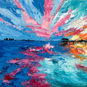 Pintura al óleo Impasto Atardecer Pintura Arte de playa tropical Original sobre lienzo California 8х10 pulgadas Orígenes Arte de DaNatArtist