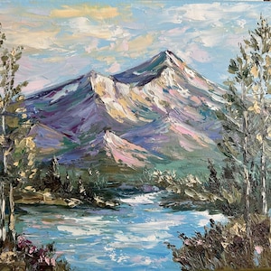 Original Mountain Landscape Oil Painting Textured Palette Knife Art  Nature Wall Decor with River and Trees
