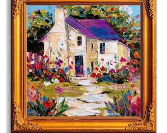 American Country Cottage in Bloom Original Oil Painting on Canvas, Colorful Impasto Landscape Cozy House textured painting