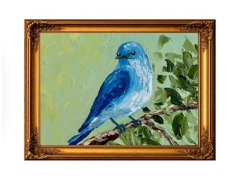 Mountain Bluebird Oil Painting, Original Impasto Bird Art, Textured Songbird on Branch