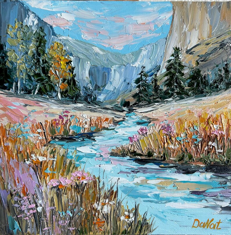 Oil Painting of Idaho Mountain Lake Landscape Textured Art Handmade impasto Abstract Mountain Stream