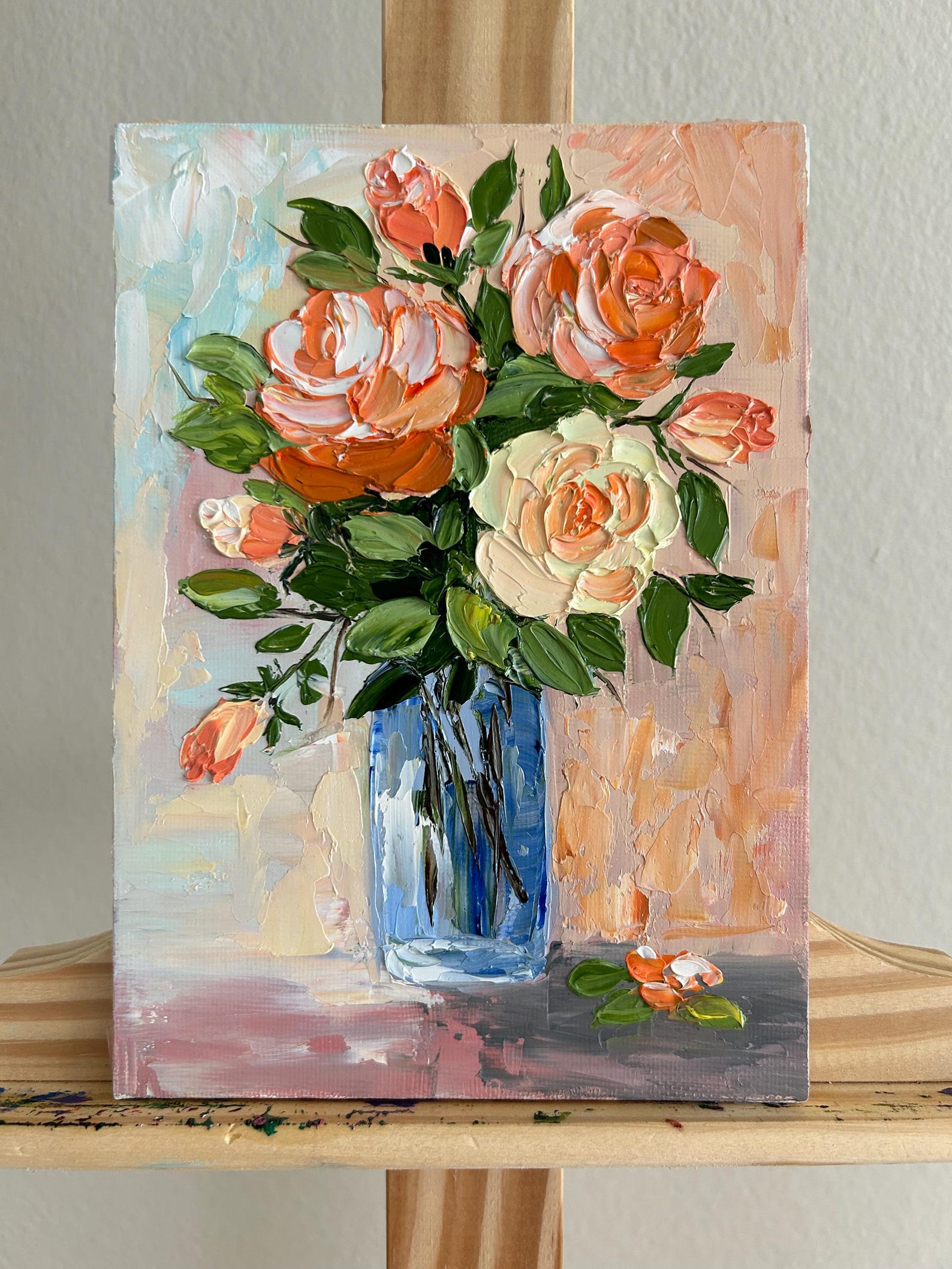 Small Pink Roses Oil Painting: Impasto Floral Art Palette Knife - Etsy