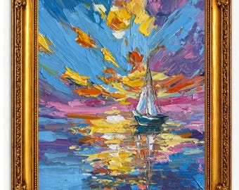 Velero al atardecer, pintura al óleo, espátula, paisaje marino texturizado, obra de arte original.