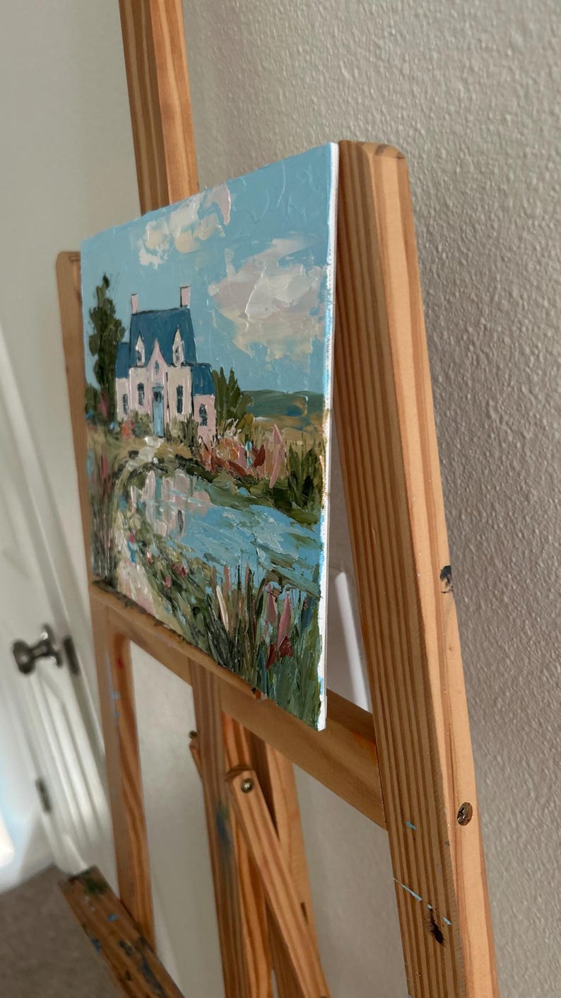 Original Oil Painting Cottage by Lake, American Country House Art, Textured Landscape Painting, Impasto Home Decor, Palette Knife Artwork image 5