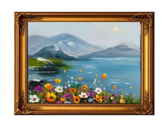 Mountain Lake Wildflower Painting, Alpine Lake Art, Original Oil Painting, Textured Canvas, Mountain Meadow Decor, Nature Landscape