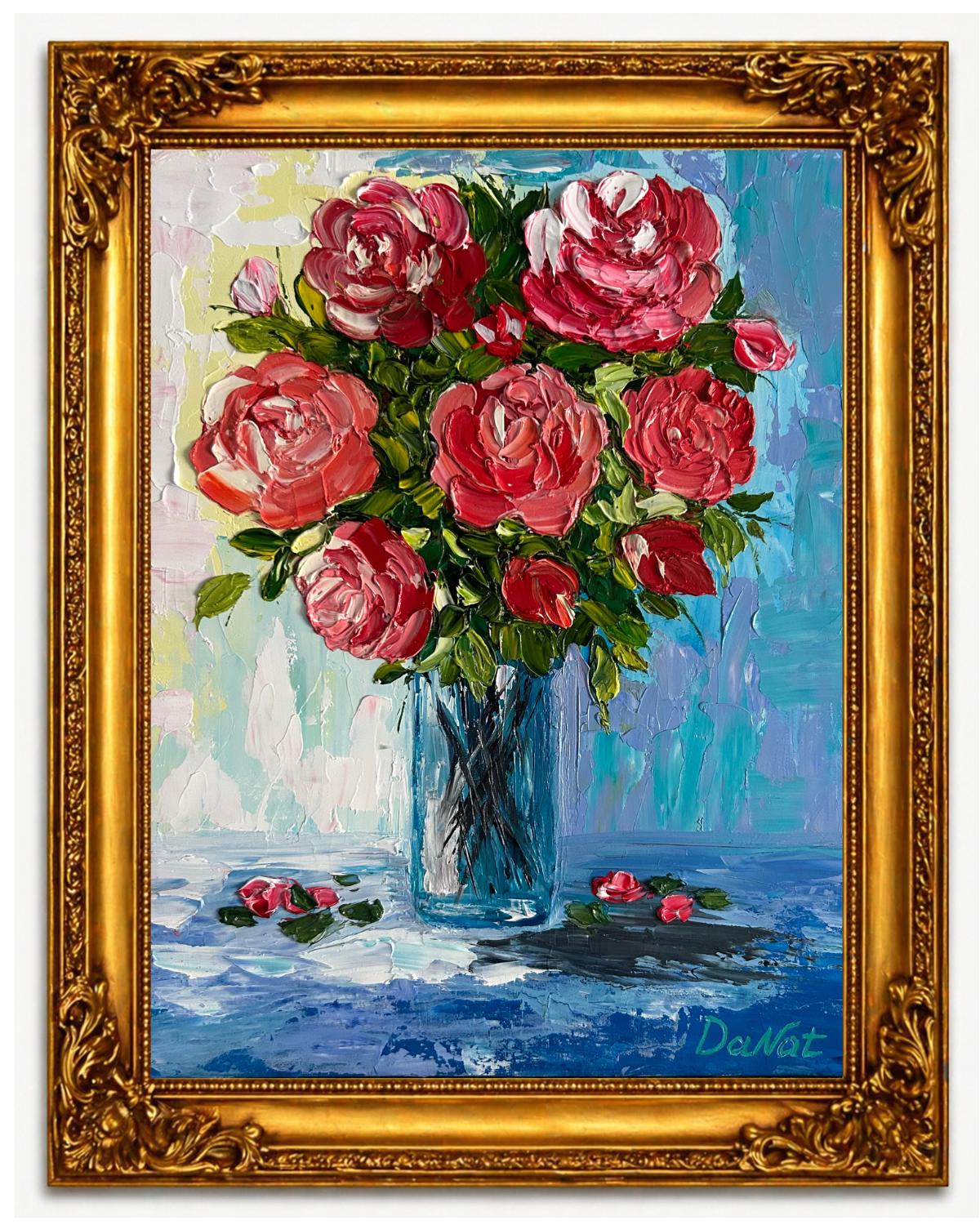 Textured Red Roses Oil Painting: Floral Bouquet in Blue Vase (10x8