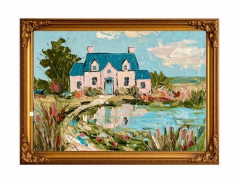 Pintura al óleo original de una cabaña junto a un lago, arte de una casa de campo americana, pintura de paisaje texturizada, decoración del hogar con técnica de impasto, obra de arte con espátula.