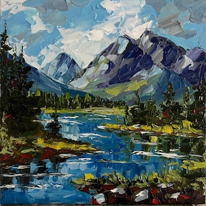 Pintura al óleo de paisaje de lago de montaña de Idaho Arte texturizado Impasto hecho a mano Abstracto 8x8 pulgadas