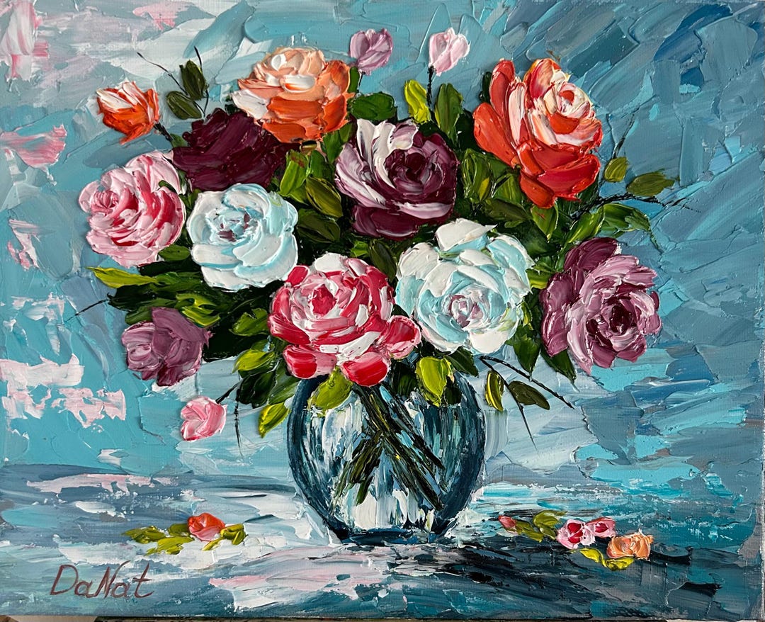 Oil Painting of Roses in a Vase Original Floral Wall Art Delicate Roses ...