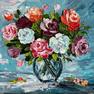 Pintura al óleo de rosas en un jarrón, arte floral original para pared, delicadas rosas, 8 x 10 pulgadas