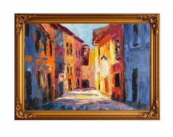 Pintura al óleo original, arte mural callejero europeo, pintura colorida de callejón, paisaje urbano texturizado, decoración impresionista.