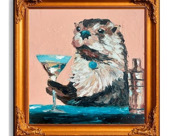 Otter Martini Original Oil Painting, Funny Animal Art, Impasto Cocktail Wall Decor