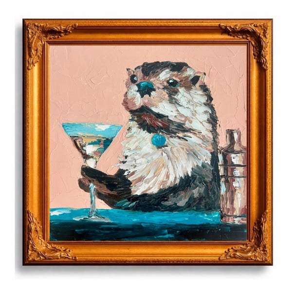 Otter Martini Original Oil Painting, Funny Animal Art, Impasto Cocktail Wall Decor