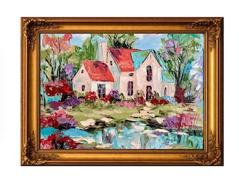 Cottage by the Lake Original Oil Painting, Impasto Landscape, Colorful Country House, Textured Palette Knife Art, Home Decor
