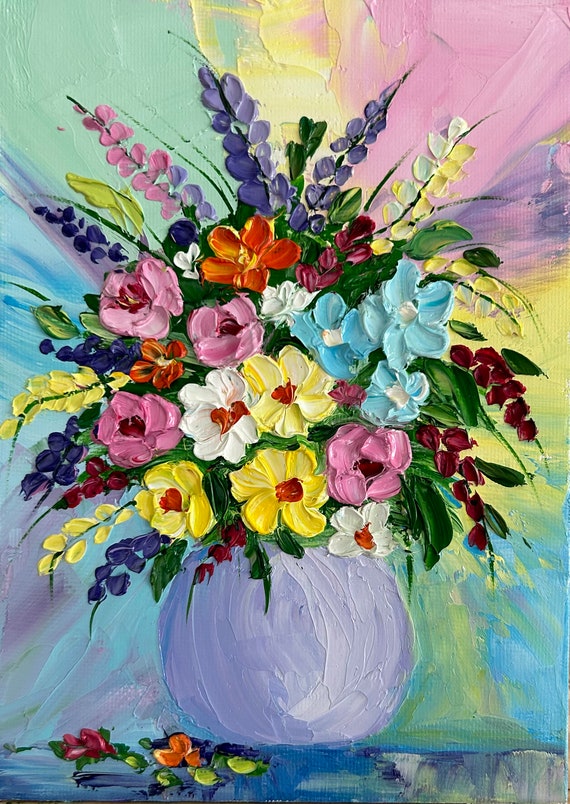 絵画 Oil painting of beautiful flowers. ORIGINAL Oil Painting Beautiful Flowers Signed and in a