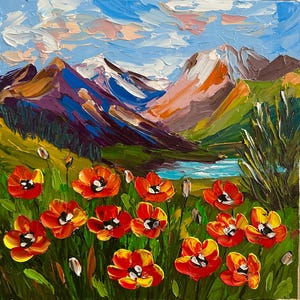 Amapolas al pie de las montañas, brillante paisaje de óleo sobre empasto, lago de montaña, flores silvestres, arte original, 8 x 8