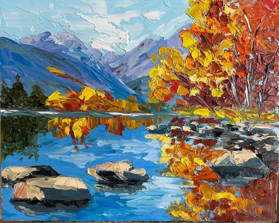 秋の山と湖の油彩画 秋の山と湖の油彩画 秋の山と湖の油彩画