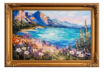 Wildblumen Küstenlandschaft Ölgemälde Original Impasto Palettenmesser Kunst Bergsee Blumen Strukturierte Wandkunst 8x10