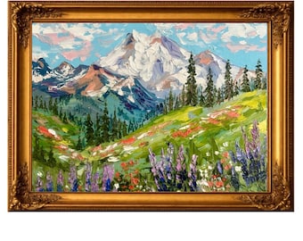 Mount Rainier Original Oil Painting Wildflower Meadow Mountain Landscape Impasto Art Pacific Northwest Wall Art