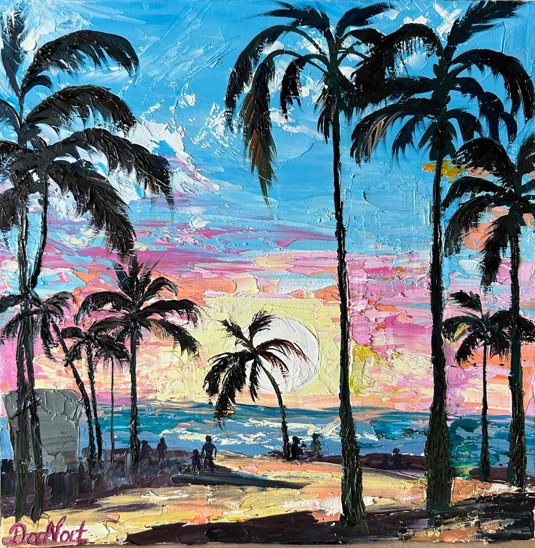 Hawaii Sunset Painting: Original Palm Tree Seascape, Impasto Oil Art ...