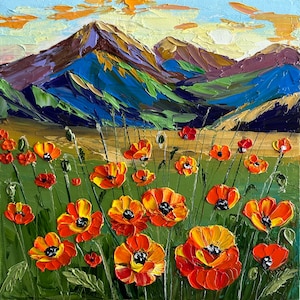 Painting Poppy Original oil art Floral painting Small flowers wall art Floral gift Poppies gift Flowers landscape